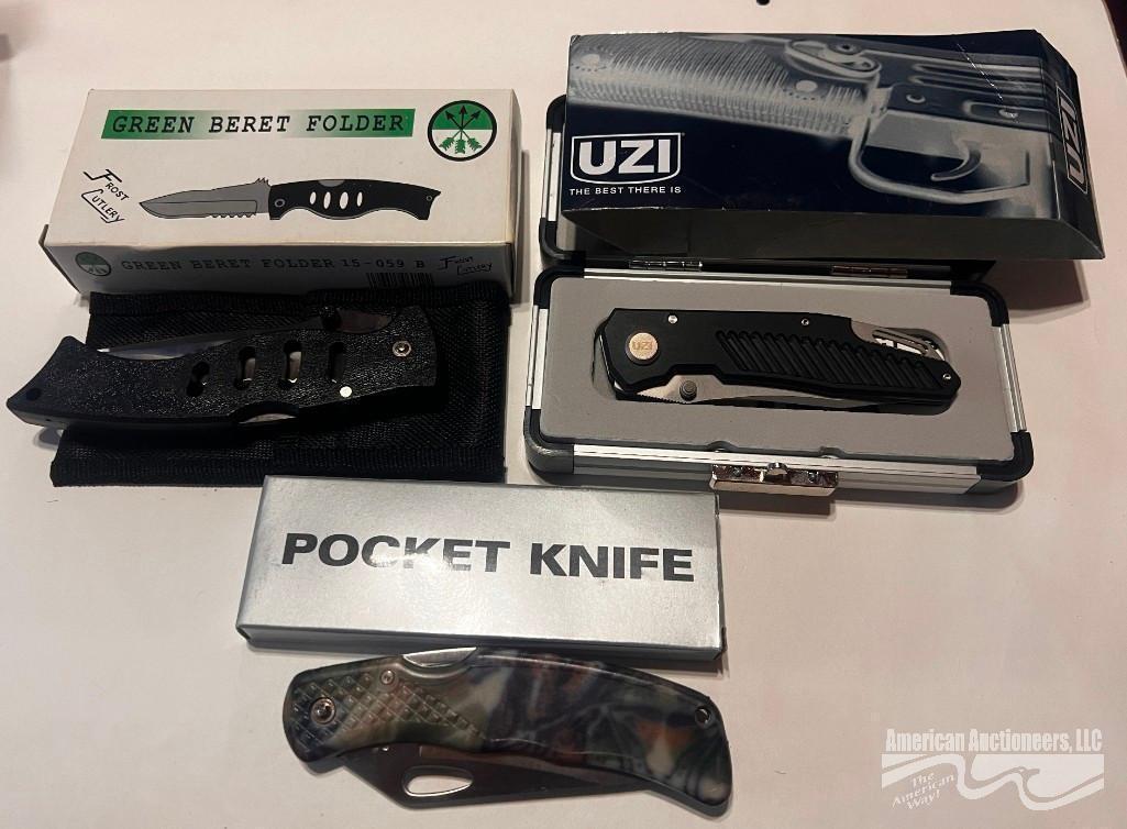 POCKET KNIFE, GREEN BERET FOLDER & UZI KNIVES (LOT OF 3)