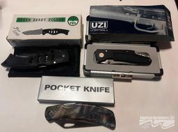POCKET KNIFE, GREEN BERET FOLDER & UZI KNIVES (LOT OF 3)