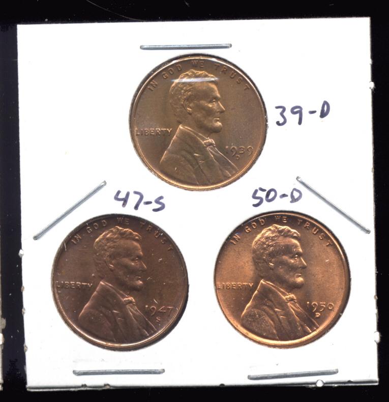 3 RED BU UNC ... Lincoln Wheat Back Cents