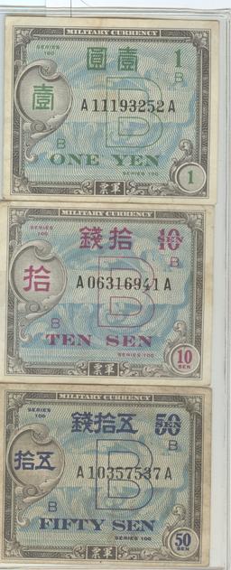 THREE DIFFERENT ALLIED MILITARY CURRENCY NOTES