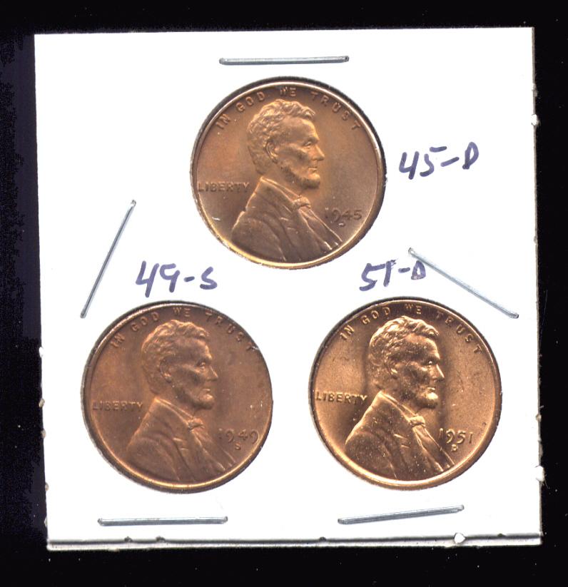 3 RED BU UNC ... Lincoln Wheat Back Cents