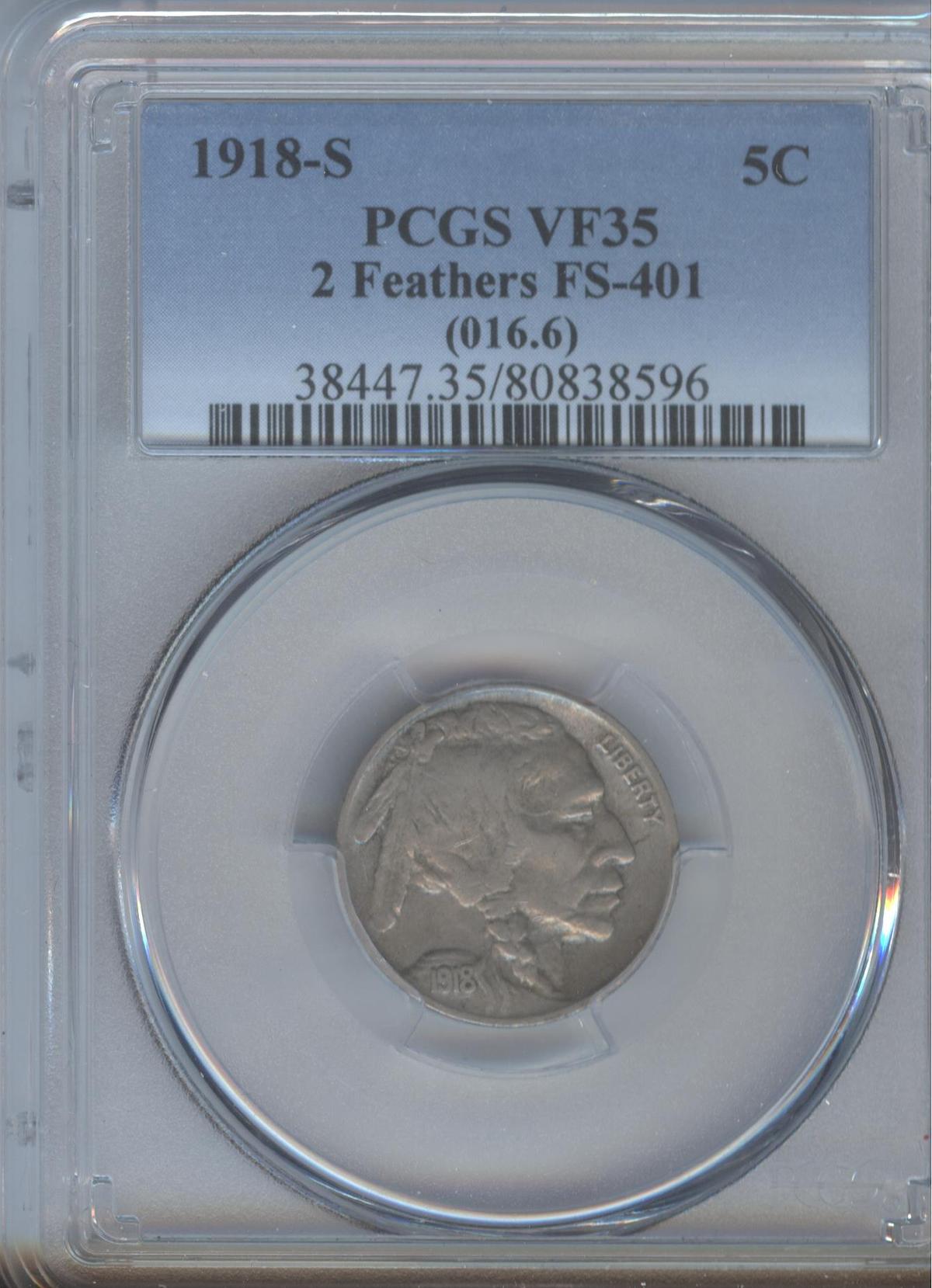 1918-S BUFFALO NICKEL 2 FEATHERS