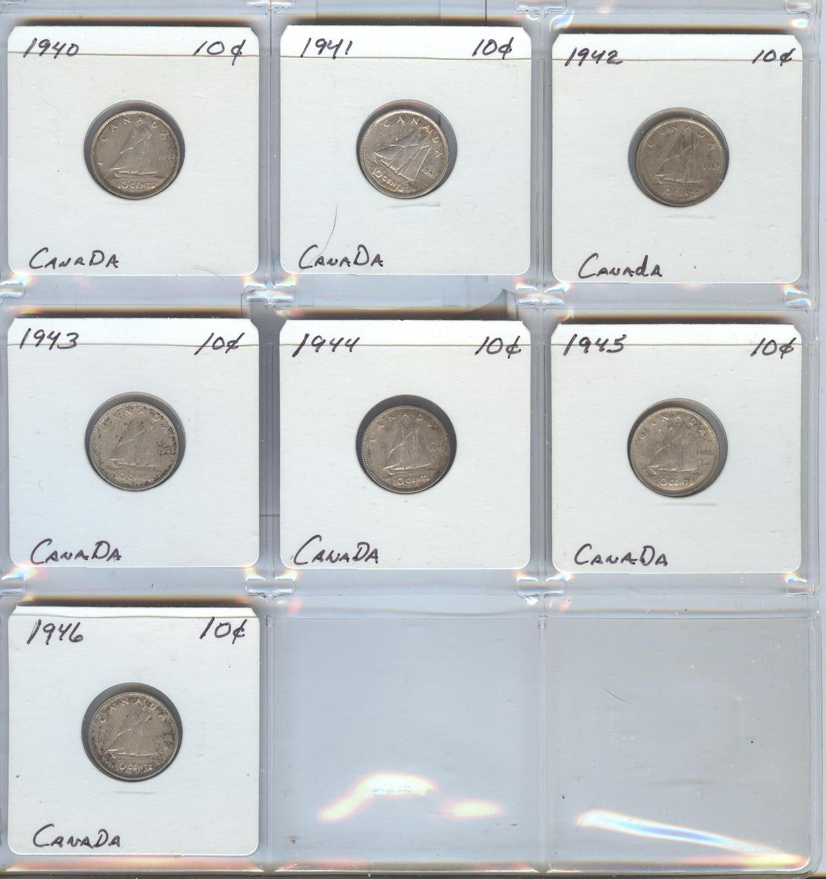 *SEVEN DIFFERENT CANADIAN SILVER 10 CENTS
