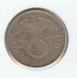 *1938-J GERMANY 5 MARK SILVER