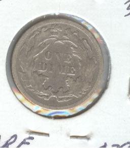 1875 LIBERTY SEATED DIME, DATE IN DENTICLES