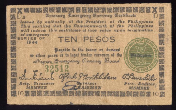 10 Pesos ... WW2 Philippine Gorilla Money ... Thin Letters