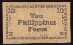 10 Pesos ... WW2 Philippine Gorilla Money ... Thin Letters