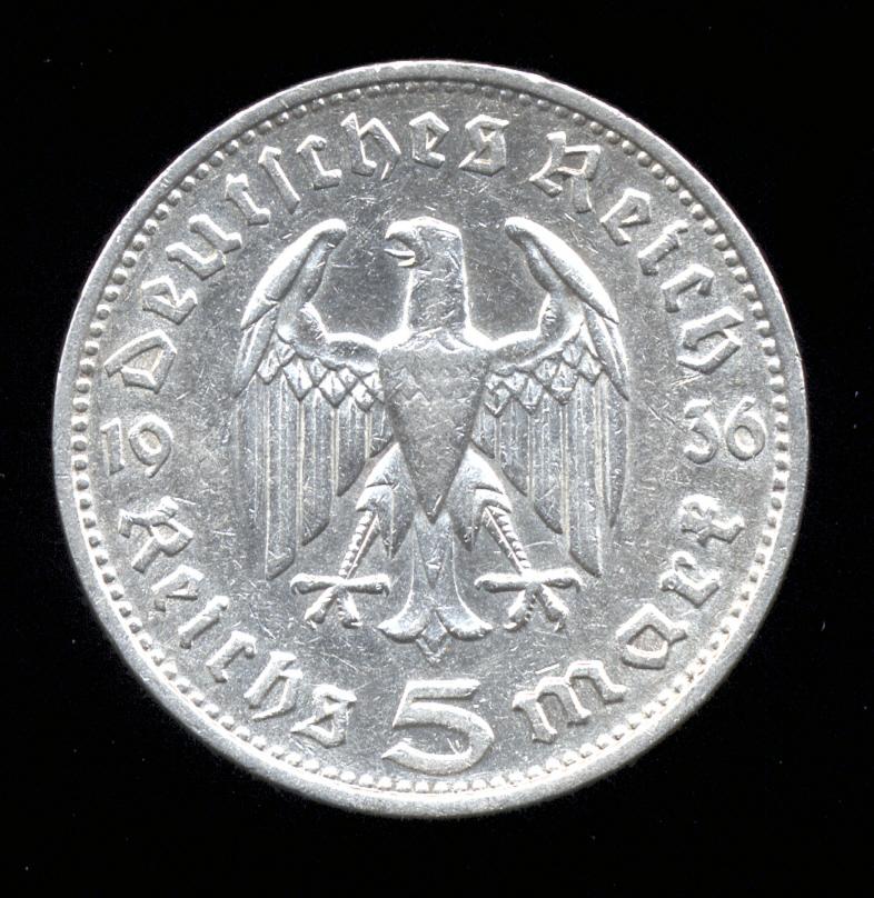 1936-F... Silver 5 Marks ... Better Date  Old Nazi German Coin