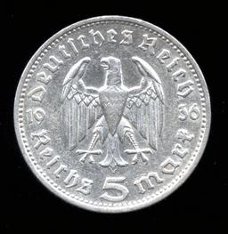 1936-F... Silver 5 Marks ... Better Date  Old Nazi German Coin