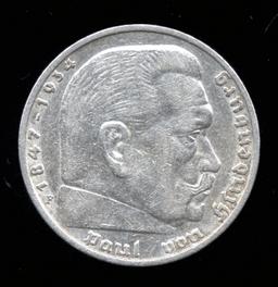 1936-F... Silver 5 Marks ... Better Date  Old Nazi German Coin