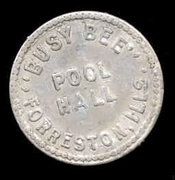 Forreston, IL ... Busy Bee Pool Hall ... Good for 5 Cents Old Token