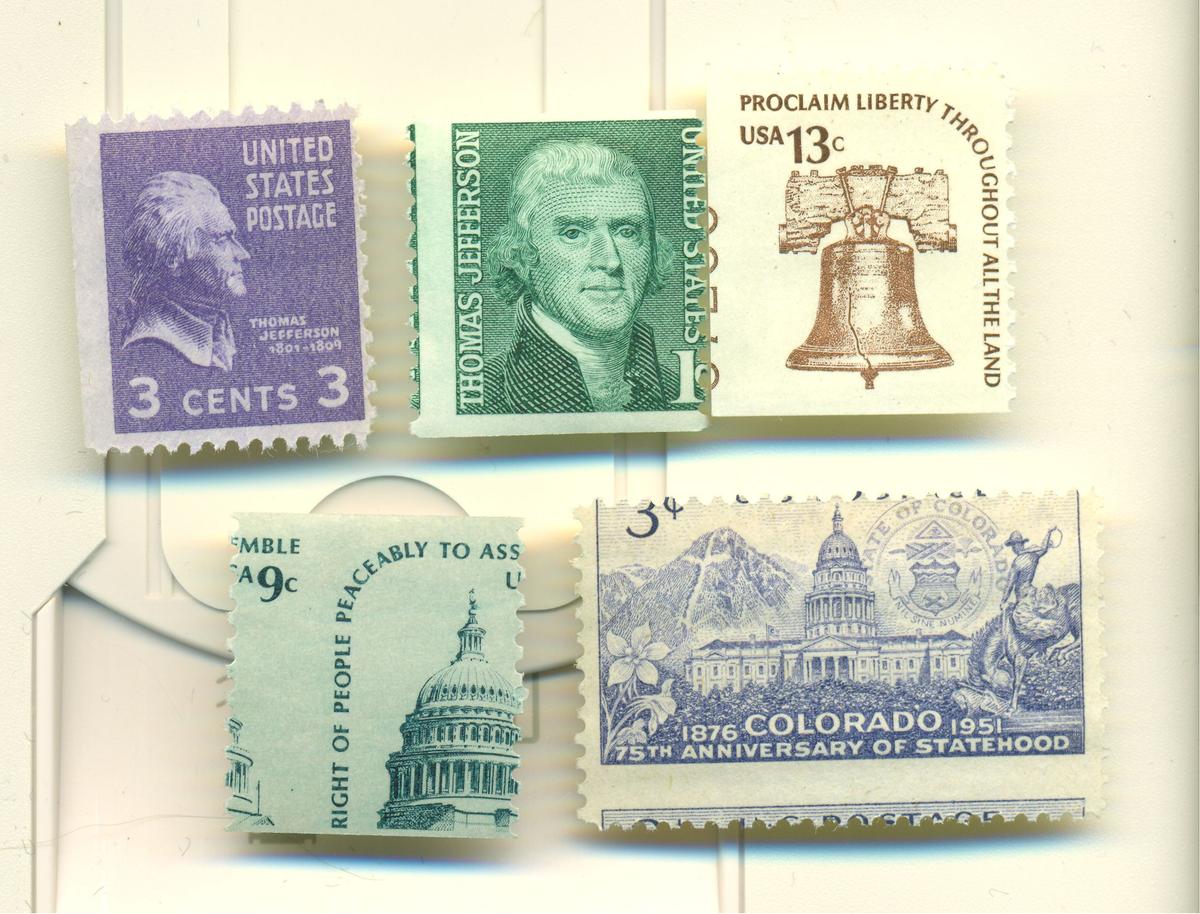 5 SLIGHTLY MISSED PERFORATION STAMPS