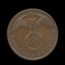 1939-A ... 1 Pfennig ... Old Nazi Swastika German Coin