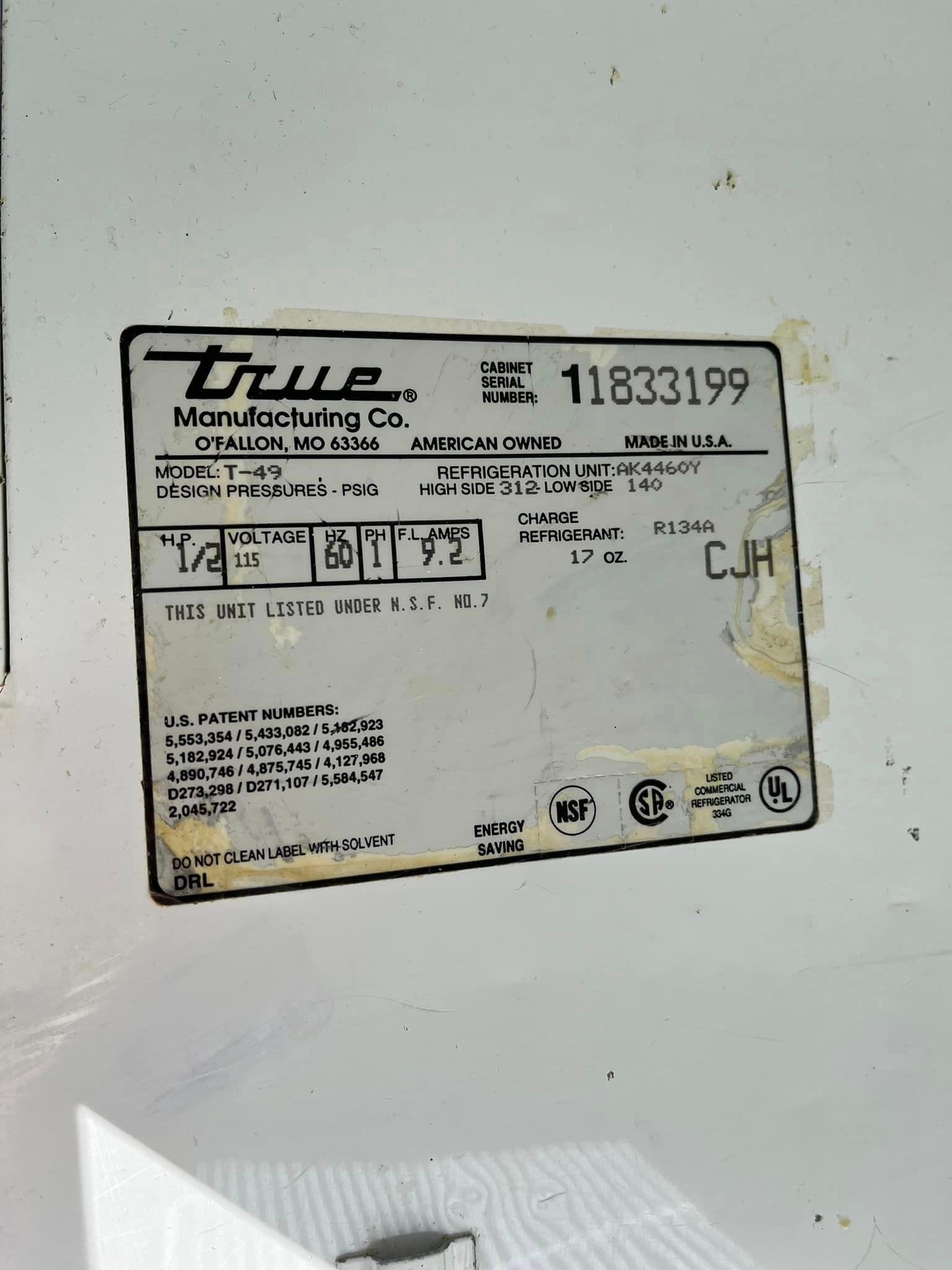 True 2 Door Refrigerator