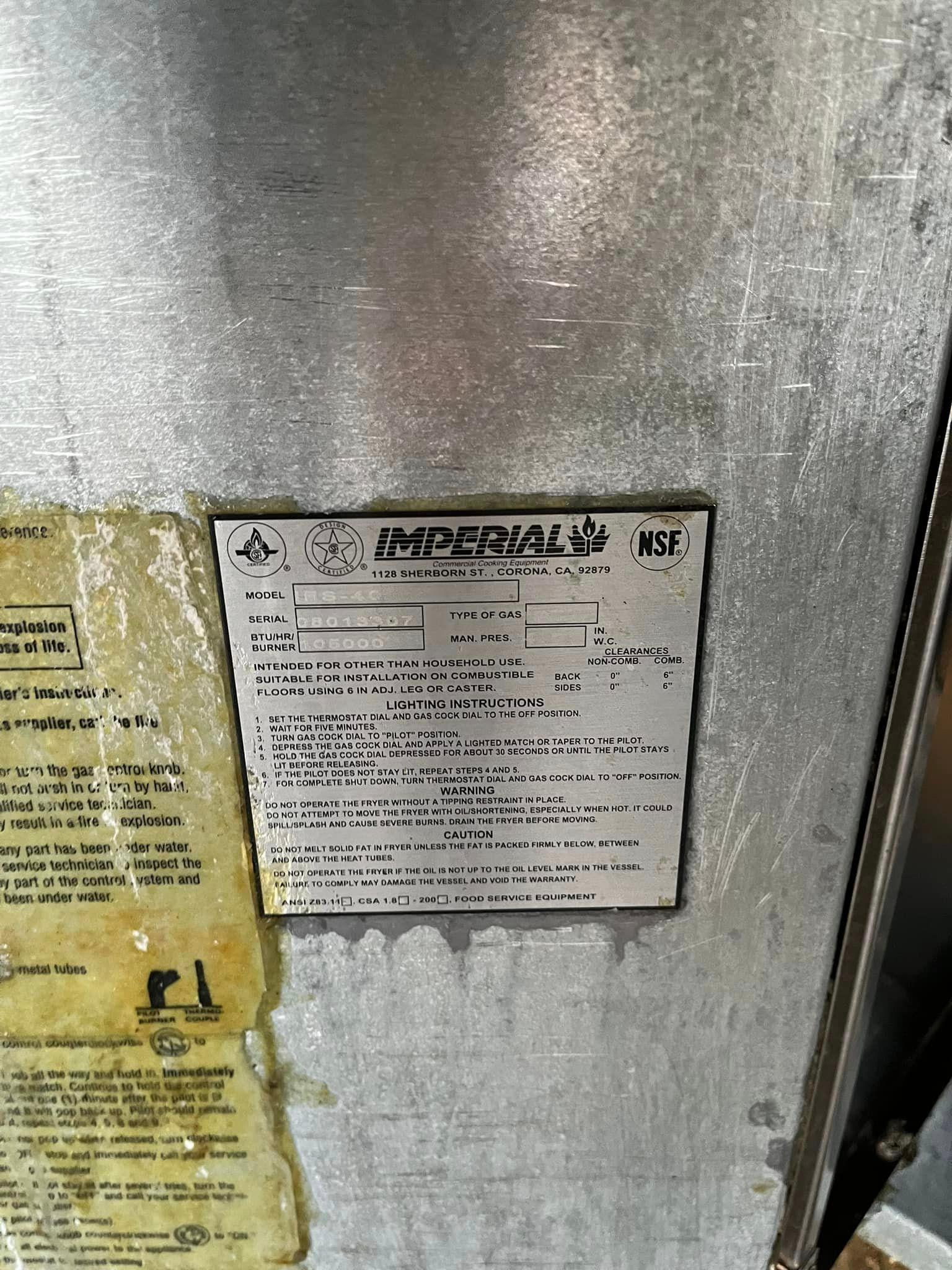 Imperial 35-45LB Gas Deep Fryer, NO BASKETS