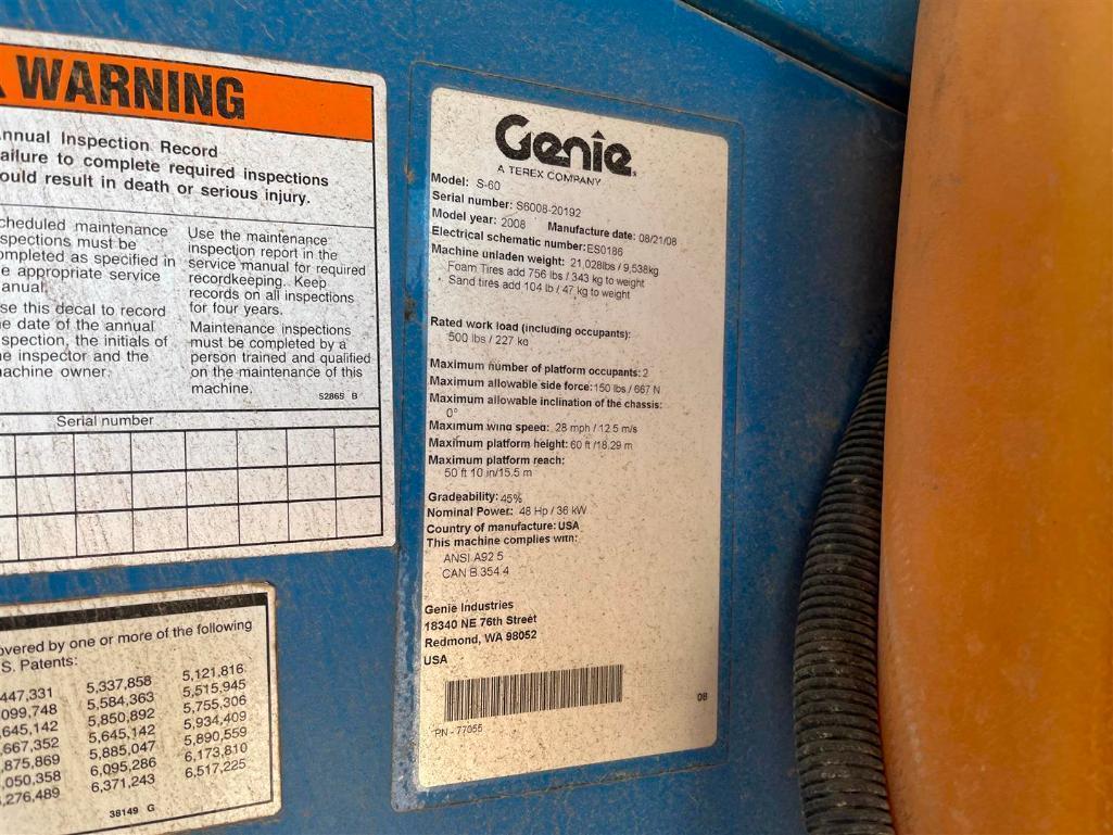 2008 GENIE S60 4X4 TELESCOPIC BOOM LIFT