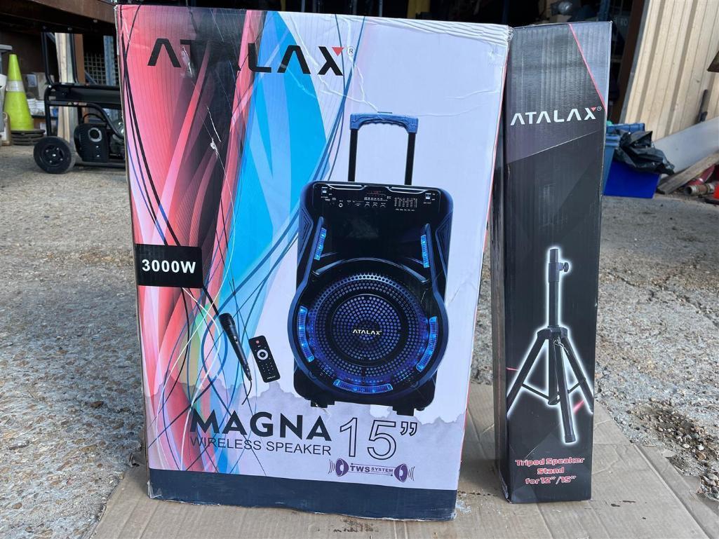 MAGNA WIRELESS BLUETOOTH SPEAKER AND TRIPOD STAND APPEARS UNUSED