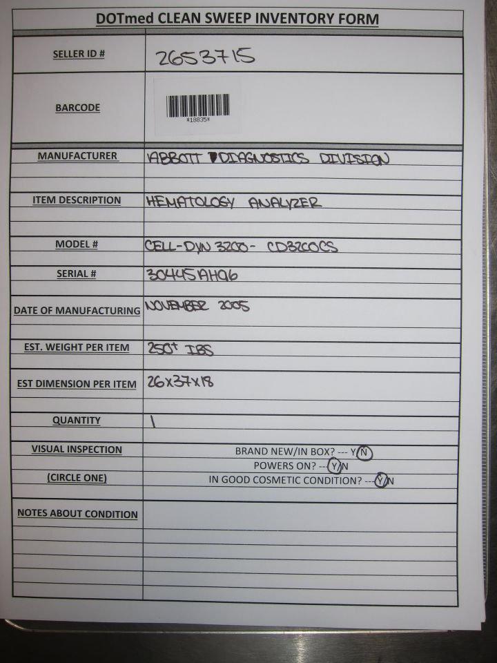 ABBOT DIAGNOSTICS Cell0Dyn 3200 Hematology Analyzer