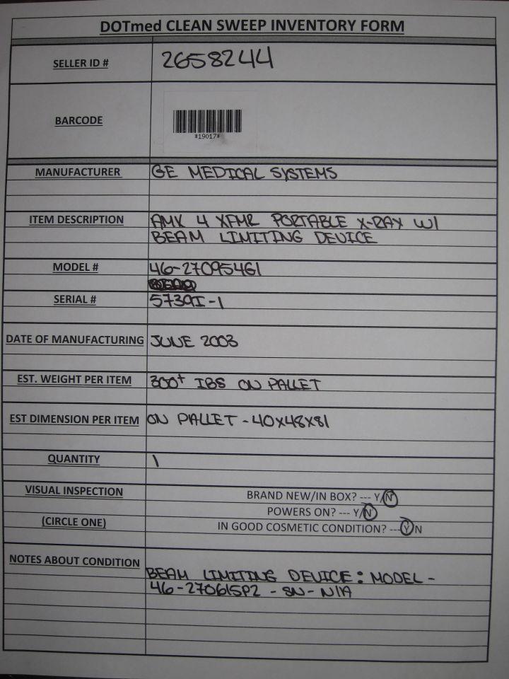 GE AMX 4 XFMR w/ Beam Limiting Device Portable X-Ray