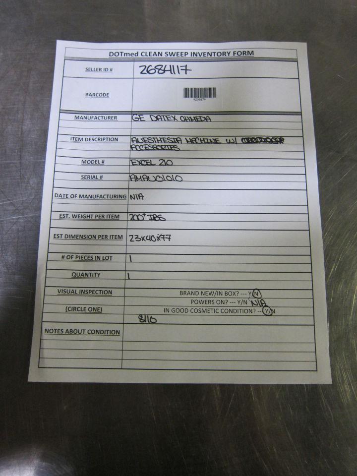 GE / DATEX-OHMEDA Excel 210 w/ Accessories Anesthesia Machine