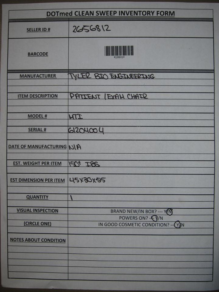 TYLER BIO ENGINEERING MTI Exam Chair