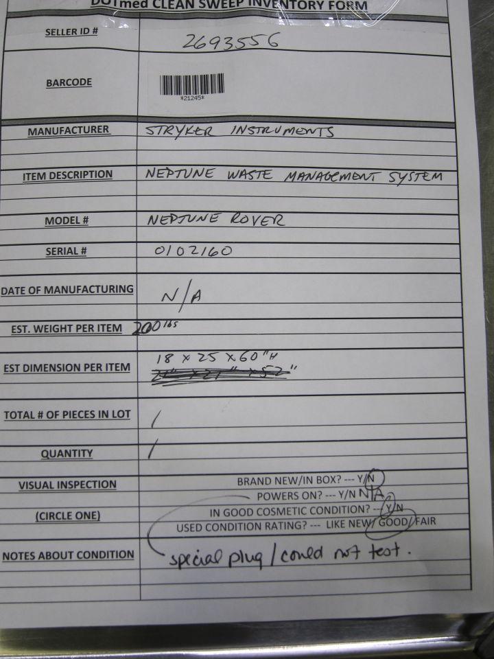 STRYKER INSTRUMENTS Neptune Rover Fluid Waste Mgmt