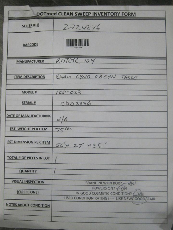RITTER 104 Exam Table