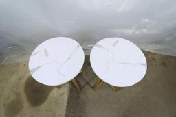 Pair Synthetic Marble Top Tables With Metal Bases