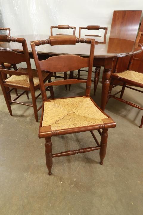 Ethan Allen Cherry Dining Table with 6 Rush Bottom Chairs & 2 Leaves