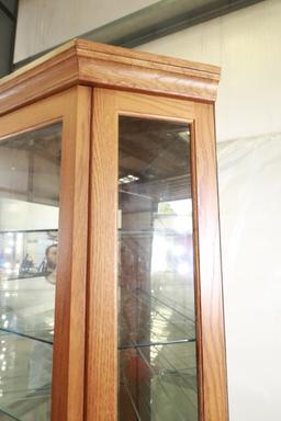 Oak Corner Curio Cabinet With Sliding Front Door