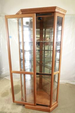 Oak Corner Curio Cabinet With Sliding Front Door