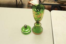 Antique Green Glass Compote with Gold Accents