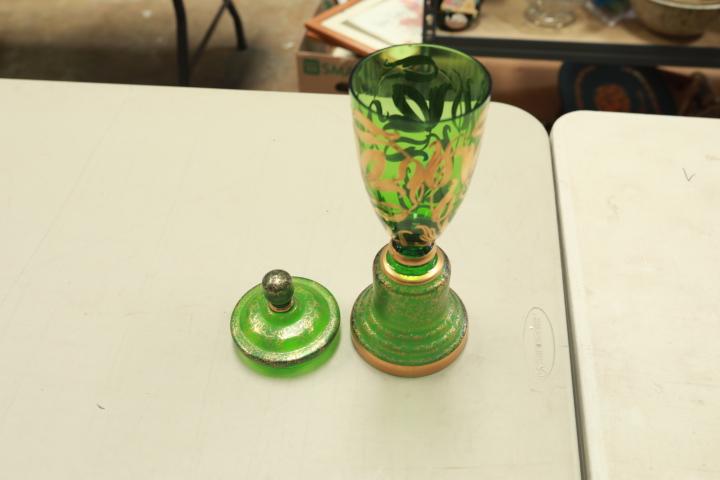 Antique Green Glass Compote with Gold Accents