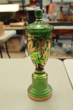 Antique Green Glass Compote with Gold Accents
