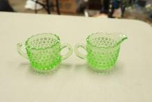 Green Smith Glass Hobnail Sugar & Creamer