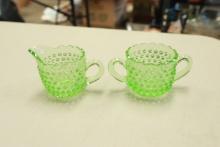 Green Smith Glass Hobnail Sugar & Creamer
