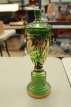 Antique Green Glass Compote with Gold Accents