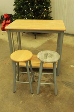 Metal & Wood Island with 2 Bar Stools