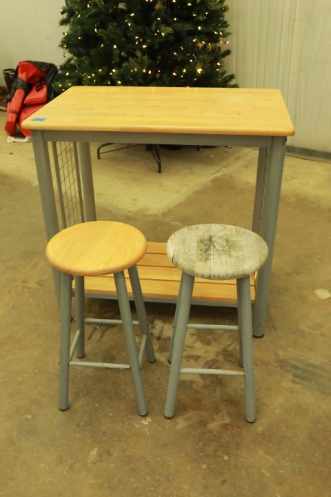 Metal & Wood Island with 2 Bar Stools