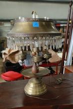 Brass & Wood Hurricane Lamp with Hanging Prisms