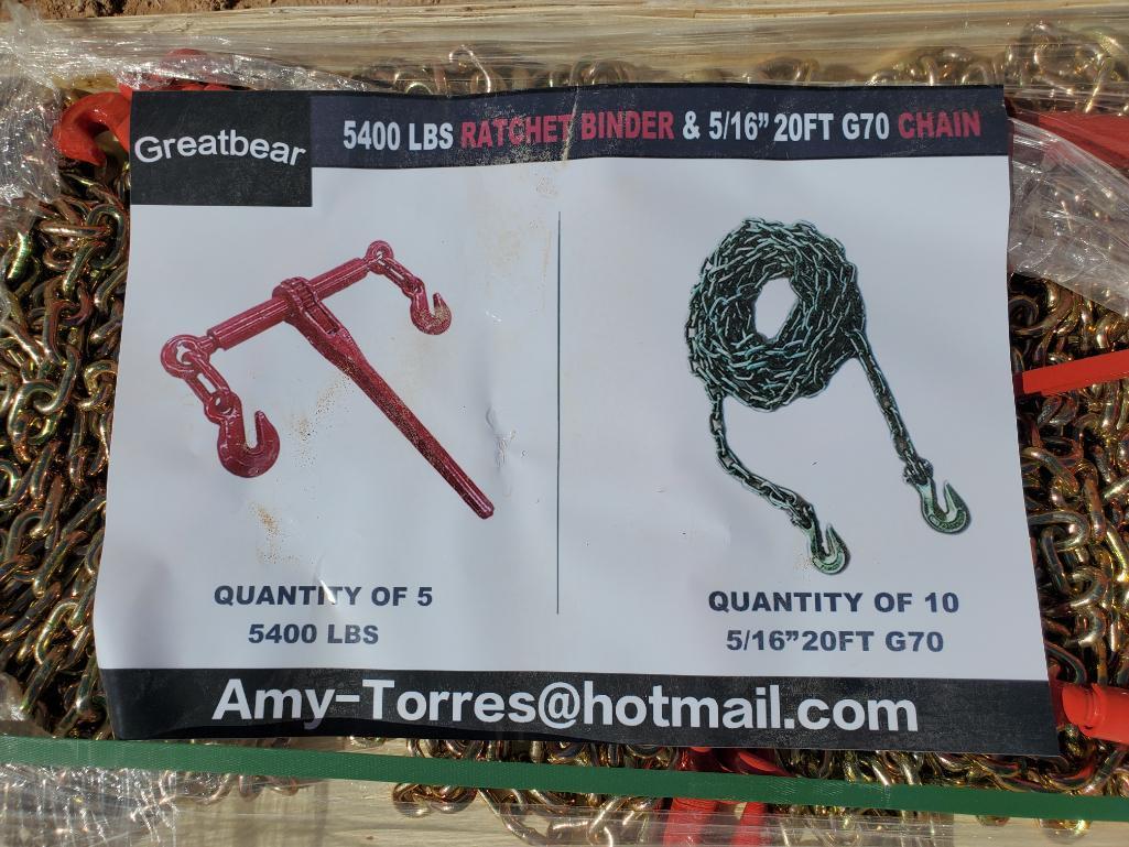 Unused Greatbear (5) Ratchet Binders and (10) 5/16'' 20ft Chains