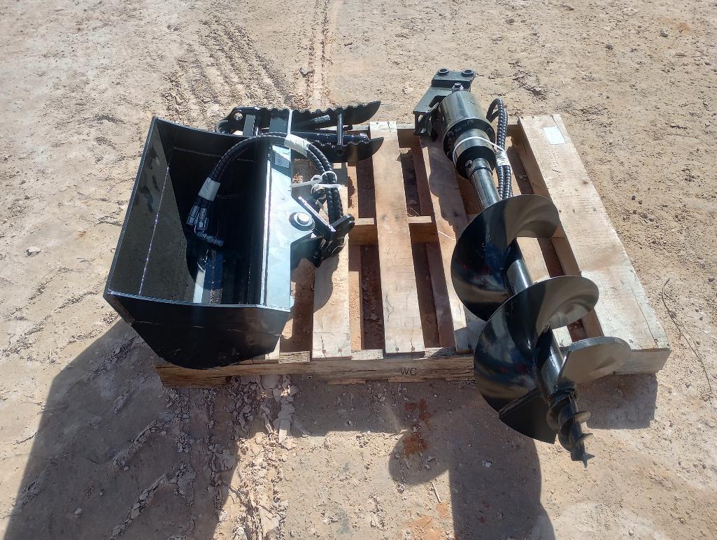 Unused Lanty Mini Excavator Attachments, Root Rake, Bucket Clamp, Post Hole Auger, Ripper Tooth