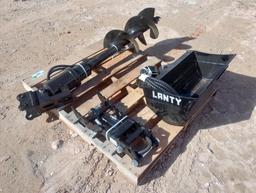 Unused Lanty Mini Excavator Attachments, Root Rake, Bucket Clamp, Post Hole Auger, Ripper Tooth