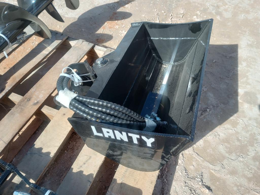 Unused Lanty Mini Excavator Attachments, Root Rake, Bucket Clamp, Post Hole Auger, Ripper Tooth