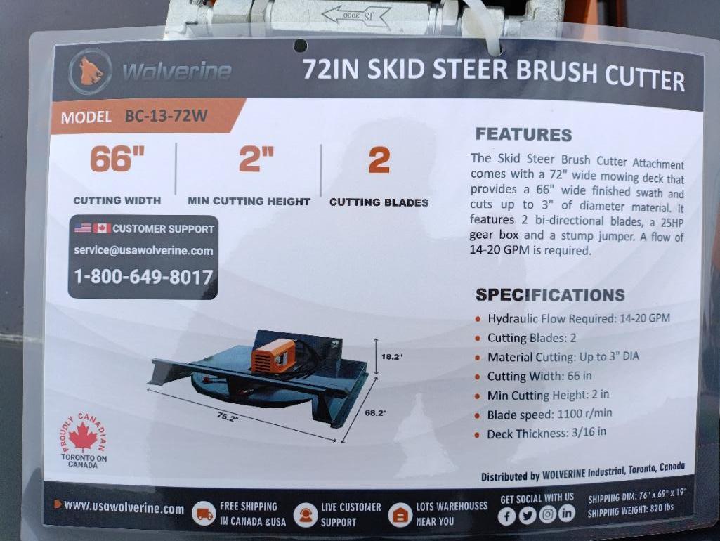 Unused 2024 Wolverine BC-13-72W Skid Steer Brush Cutter
