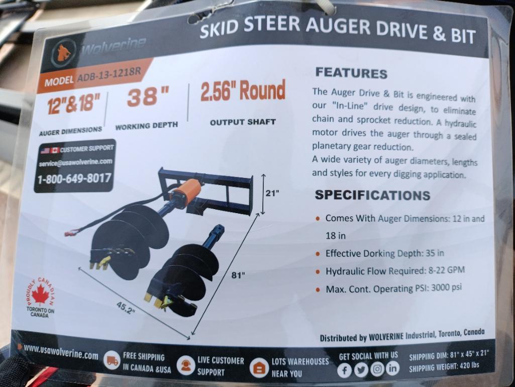 Unused Wolverine ADB-13-1218R Skid Steer Auger Drive w/(2) Auger Bits