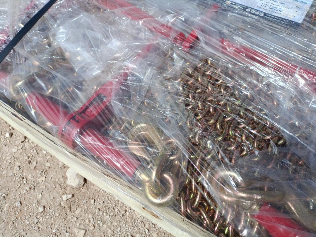 (8) Unused Landhonor Ratchet Binders and (16) 5 1/6'' 20ft Chains