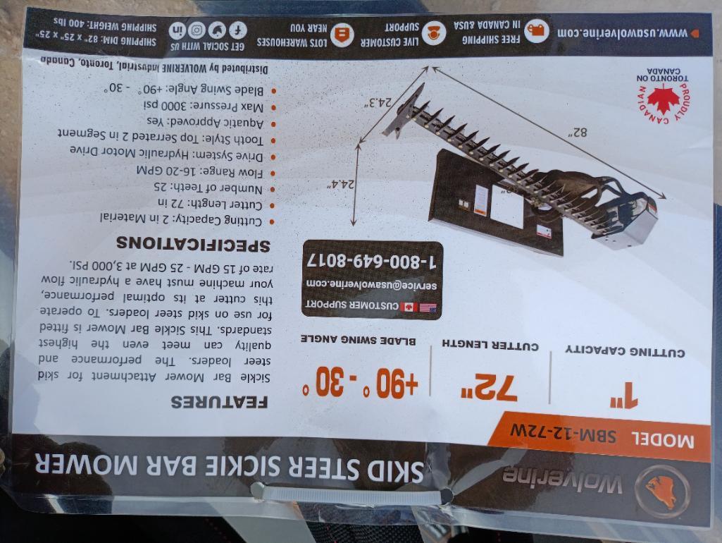 Unused Wolverine SBM-12-72W Skid Steer Sickle Bar Mower