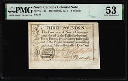 1771 North Carolina 3 Pounds Colonial NC-142 PMG About Uncirculated 53 Magna Charta