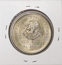 1950 Mexico 5 Pesos Inauguracion Del Ferrocarril Del Sureste Coin